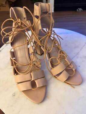 Loeffler Randall Nude Leather Lace-Up Block Heel Gladiator Sandals